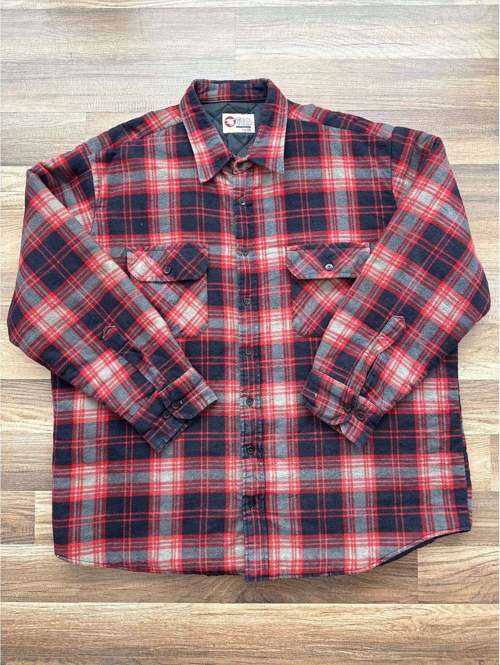 Sports Afield Mens 2XL Plaid Flannel Shirt Jacket Quilted Lined Red Shacket